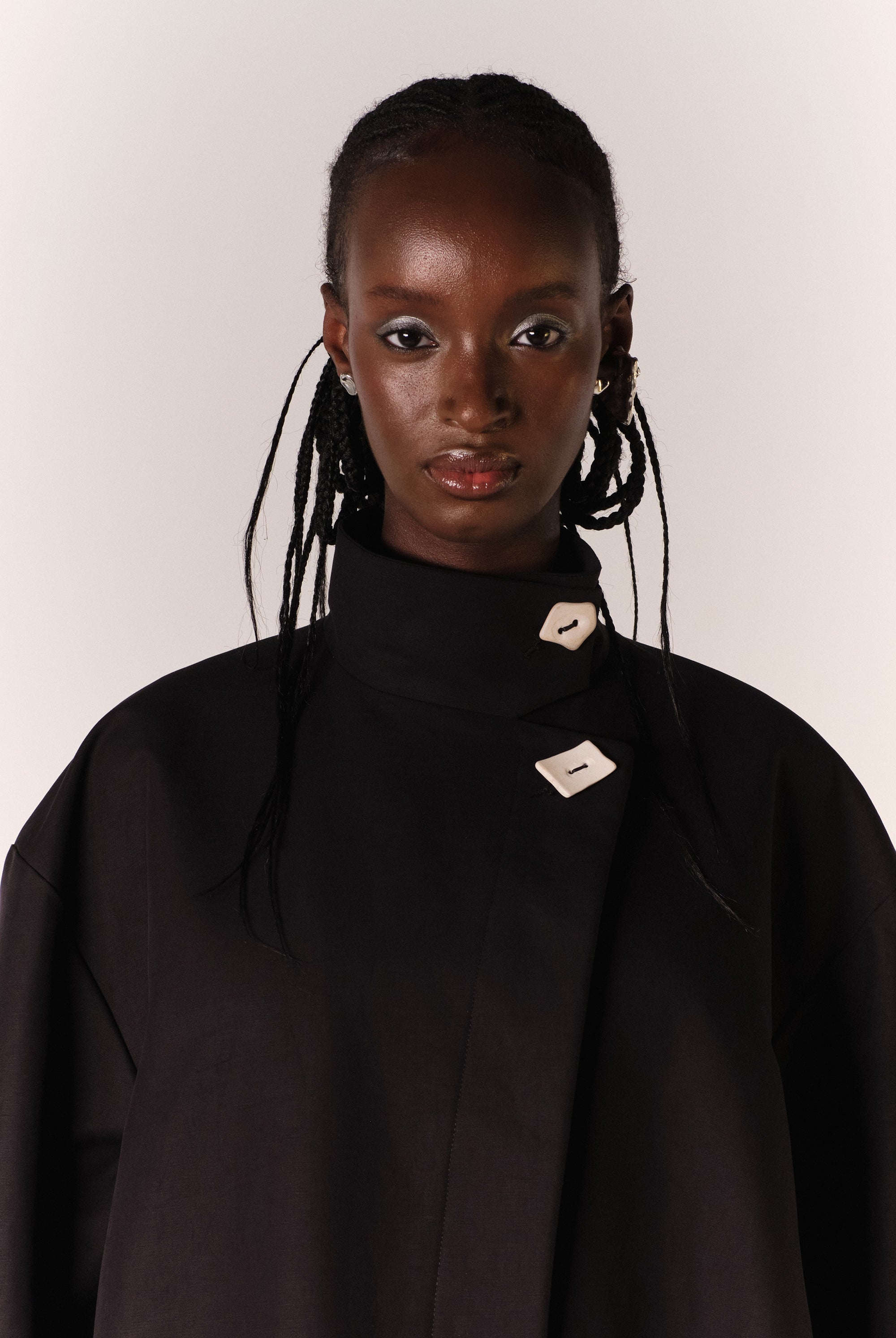 HILDA COAT IN BLACK NECKLINE DETAILS WITH CONTRAST RECLAIMED CERAMIC BUTTONS