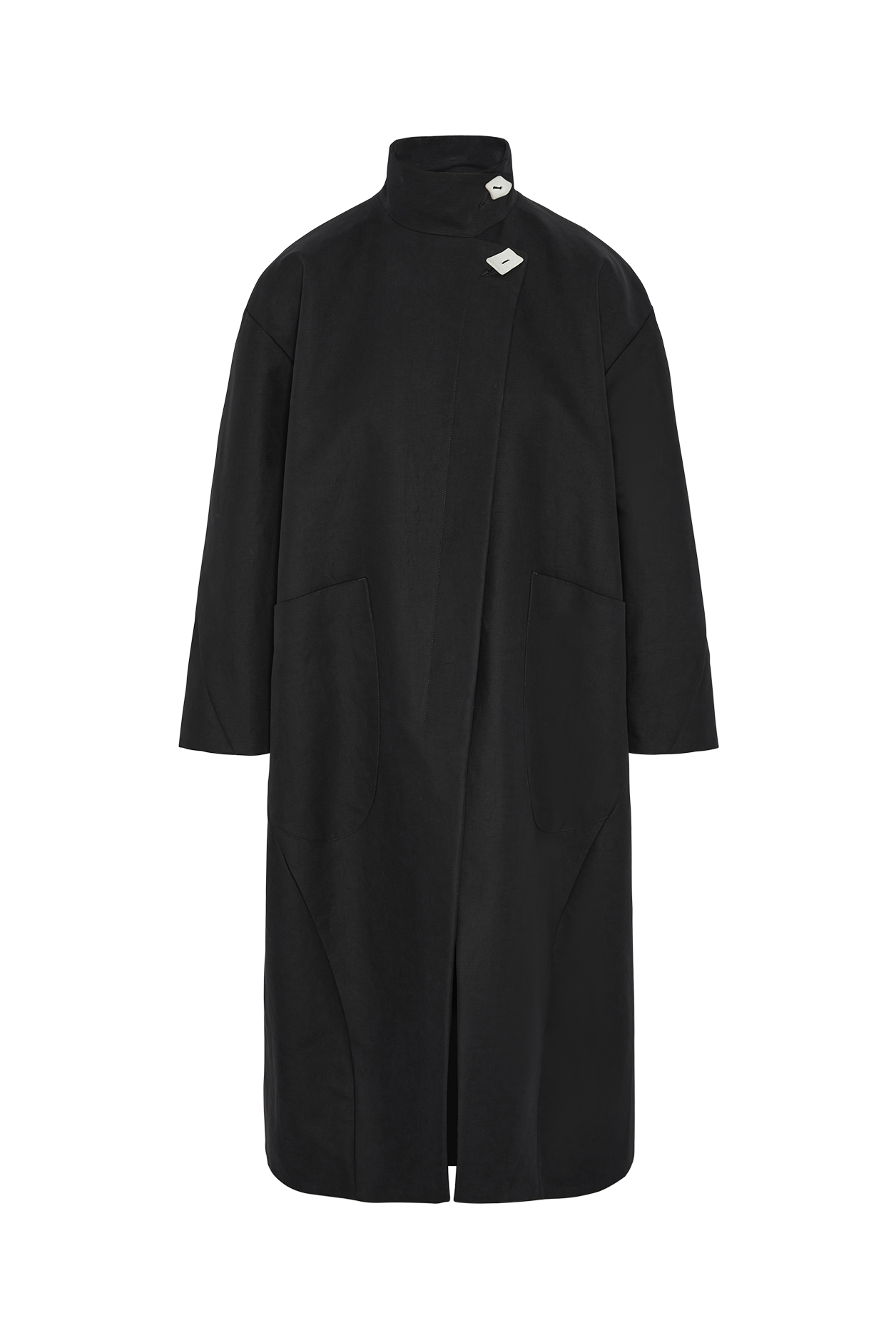 BLACK COTTON HILDA COAT IN DEADSTOCK FABRIC FRONT VIEW