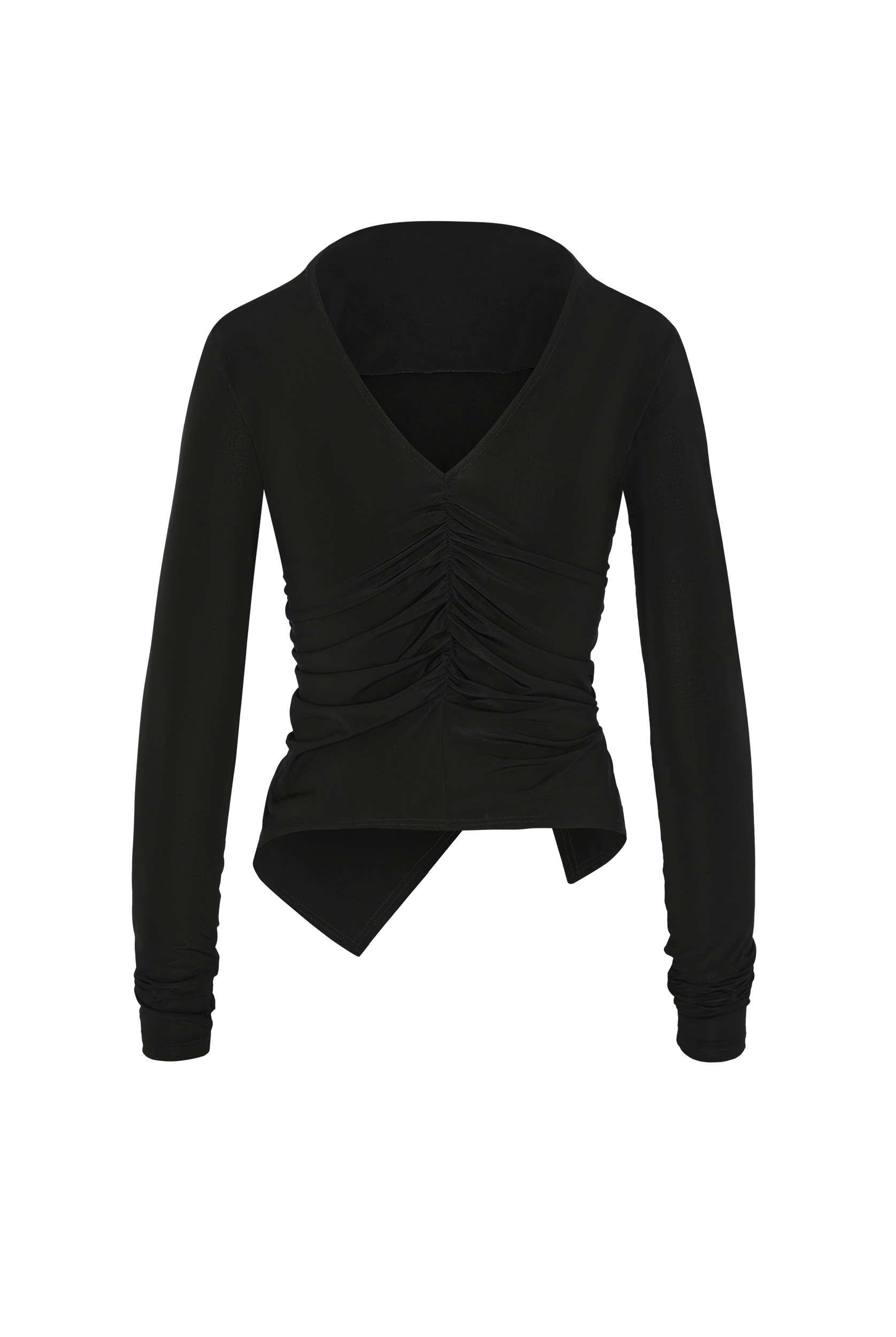 Black long-sleeve top with ruched design on a white background