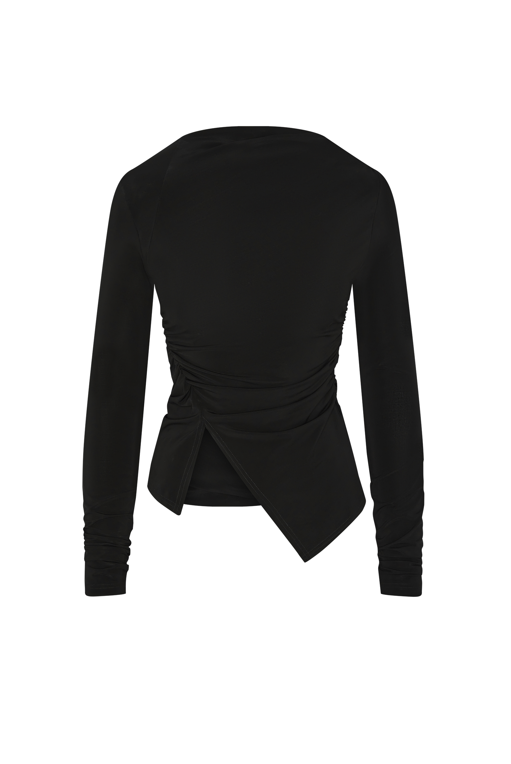 Black long-sleeve top with an asymmetric detail on a white background