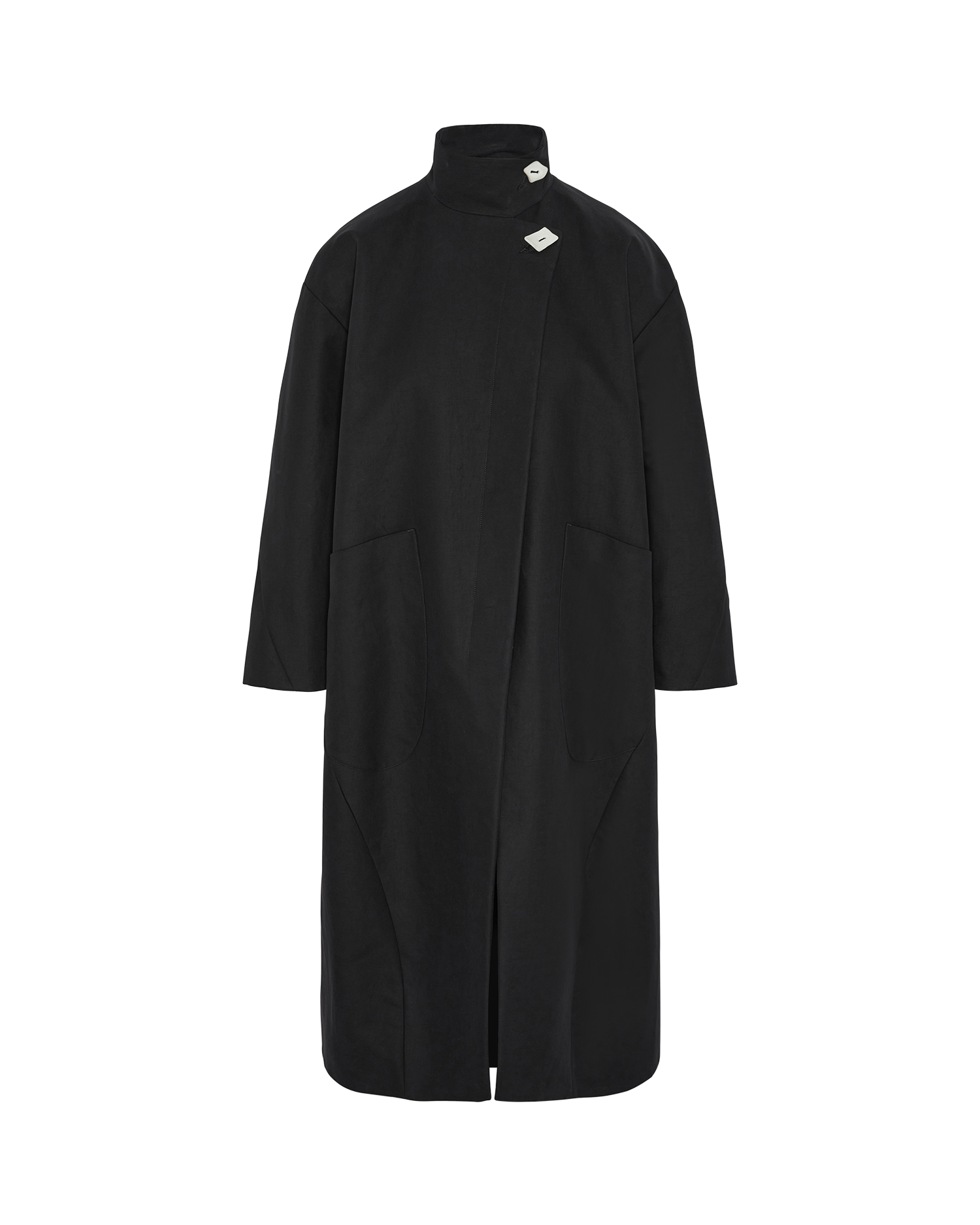 BLACK COTTON HILDA COAT IN DEADSTOCK FABRIC FRONT VIEW