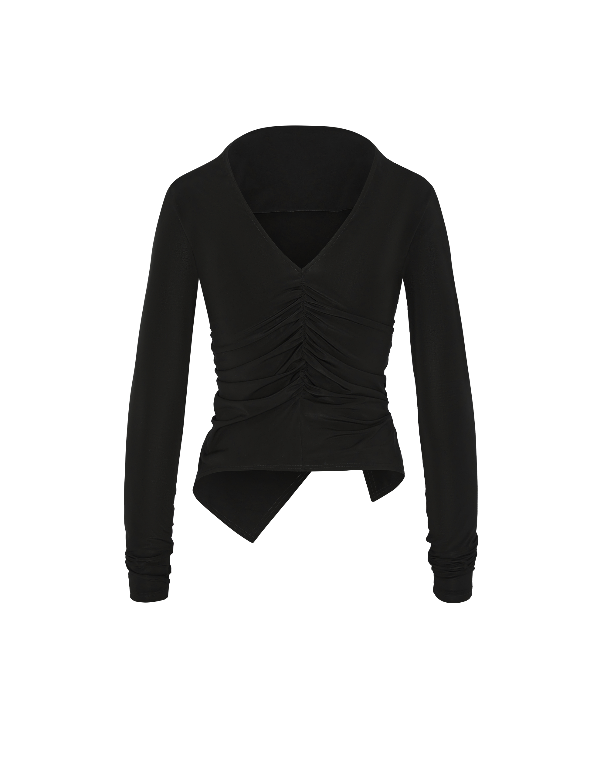 Black long-sleeve top with ruched design on a white background