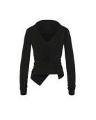 Black long-sleeve top with ruched design on a white background