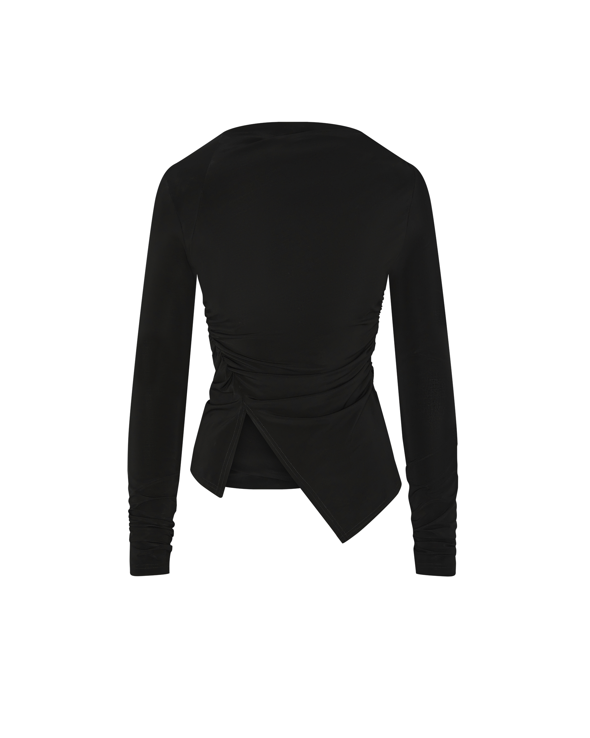 Black long-sleeve top with an asymmetric detail on a white background