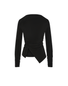 Black long-sleeve top with an asymmetric detail on a white background