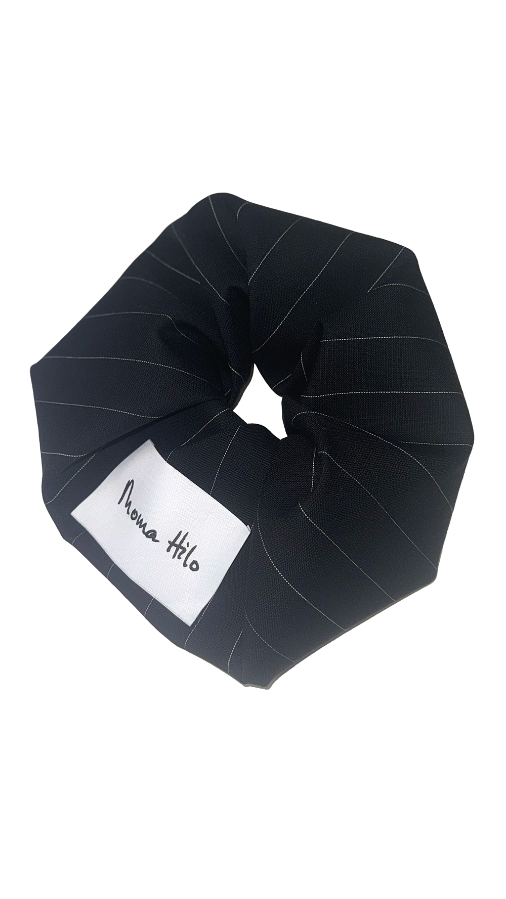 Black pinstripe scrunchie with a white label