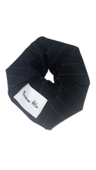 Black pinstripe scrunchie with a white label