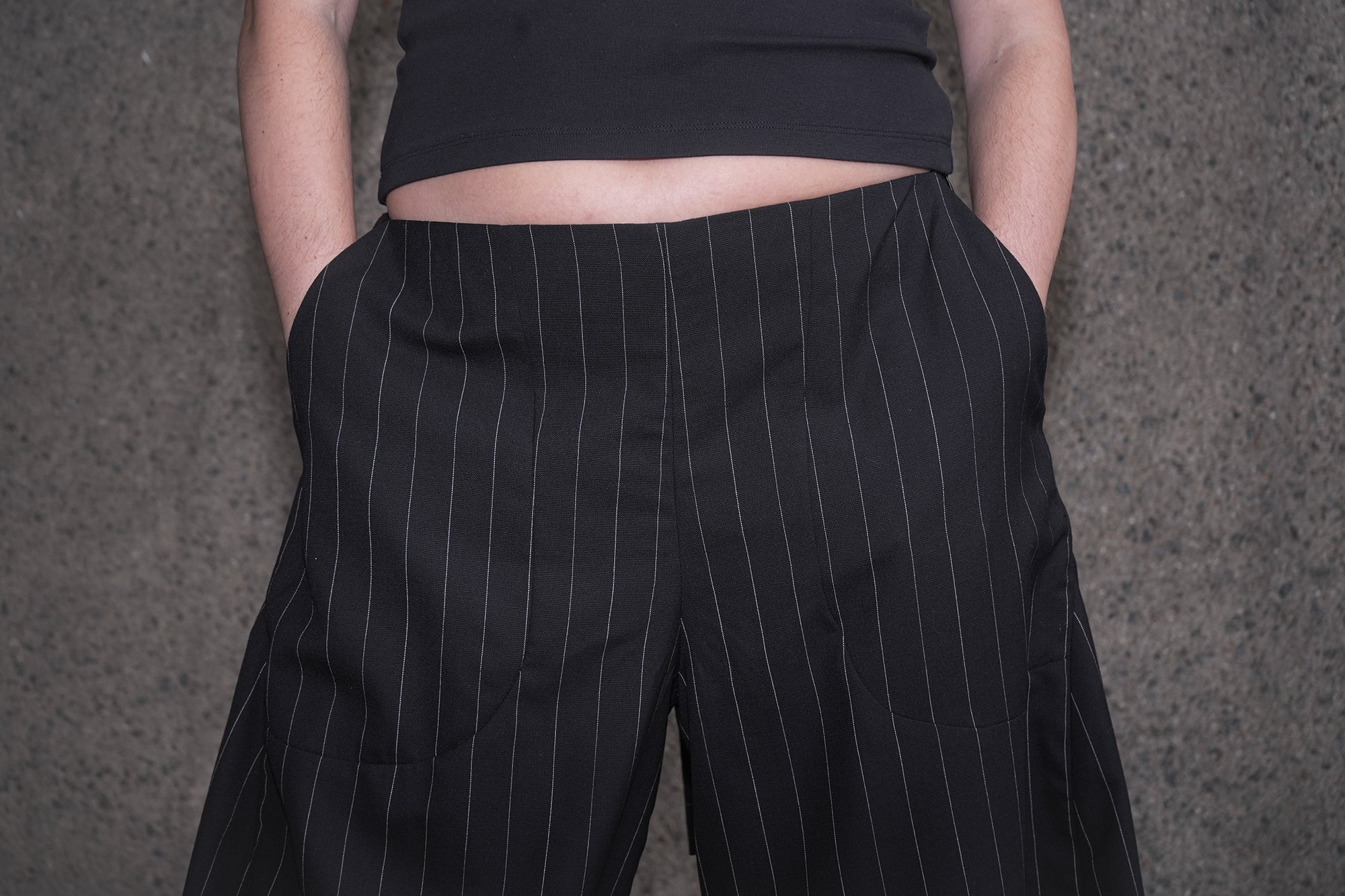 FRONT WAIST DETAIL IMAGE OF DALE PINSTRIPE TROUSERS